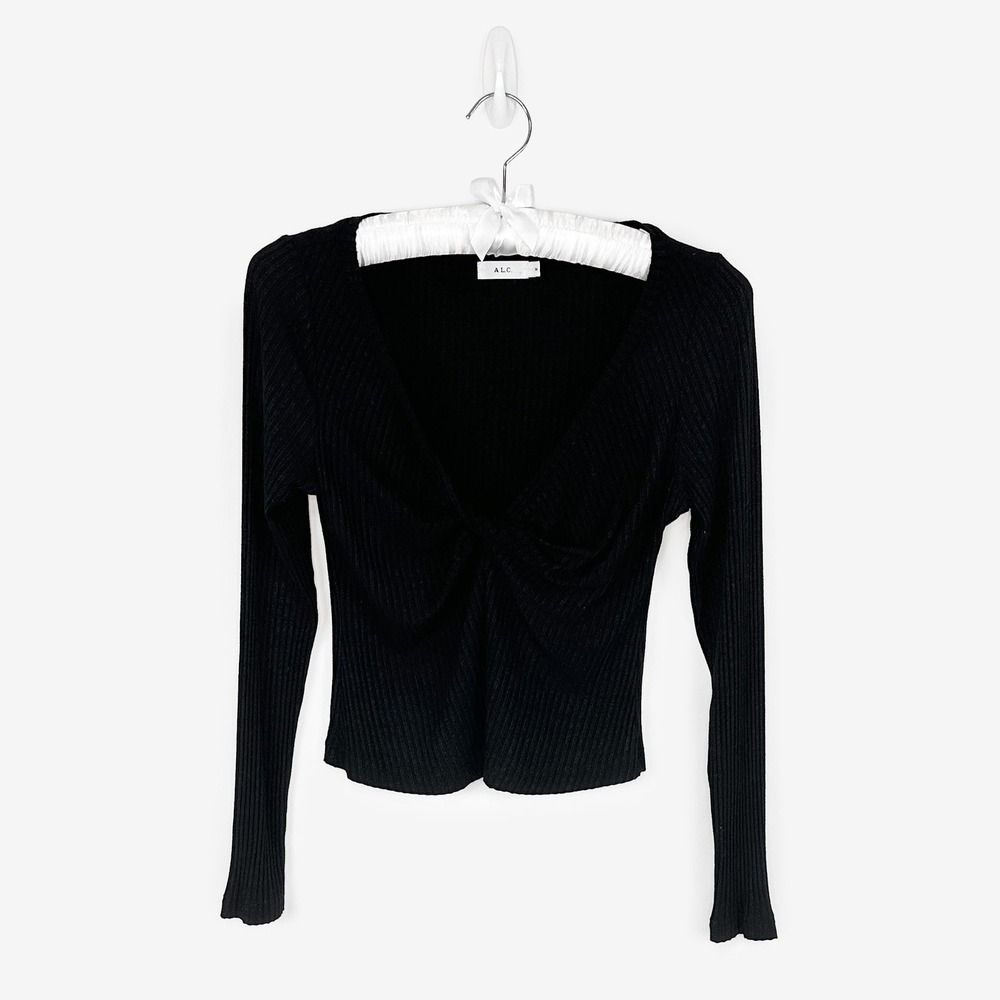 A.L.C. Savannah Tee Size M Black Ribbed Knit Twist Front Long Sleeve Top